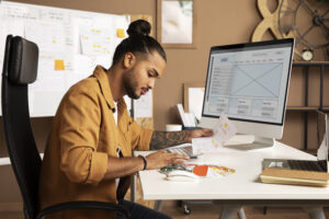 Person creating a digital product, such as an eBook, on a computer